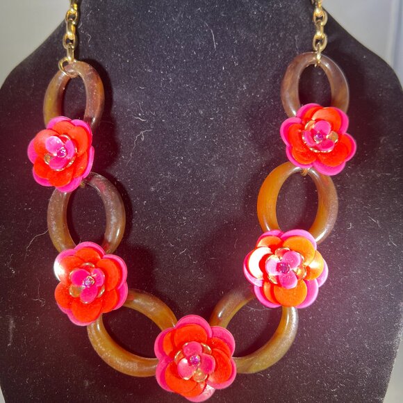 Kate Spade Rosy Posies floral pink chain link statement necklace - Picture 3 of 6